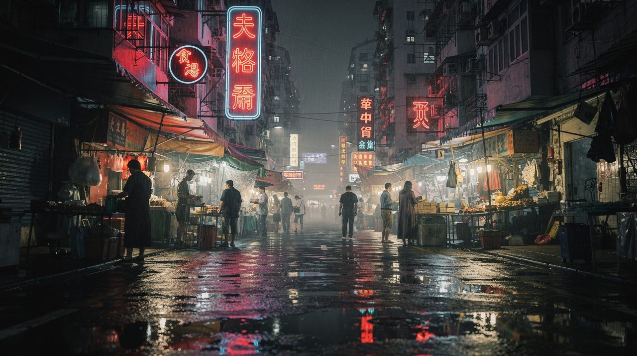 Night market Hong Kong, neon reflections, cinematic