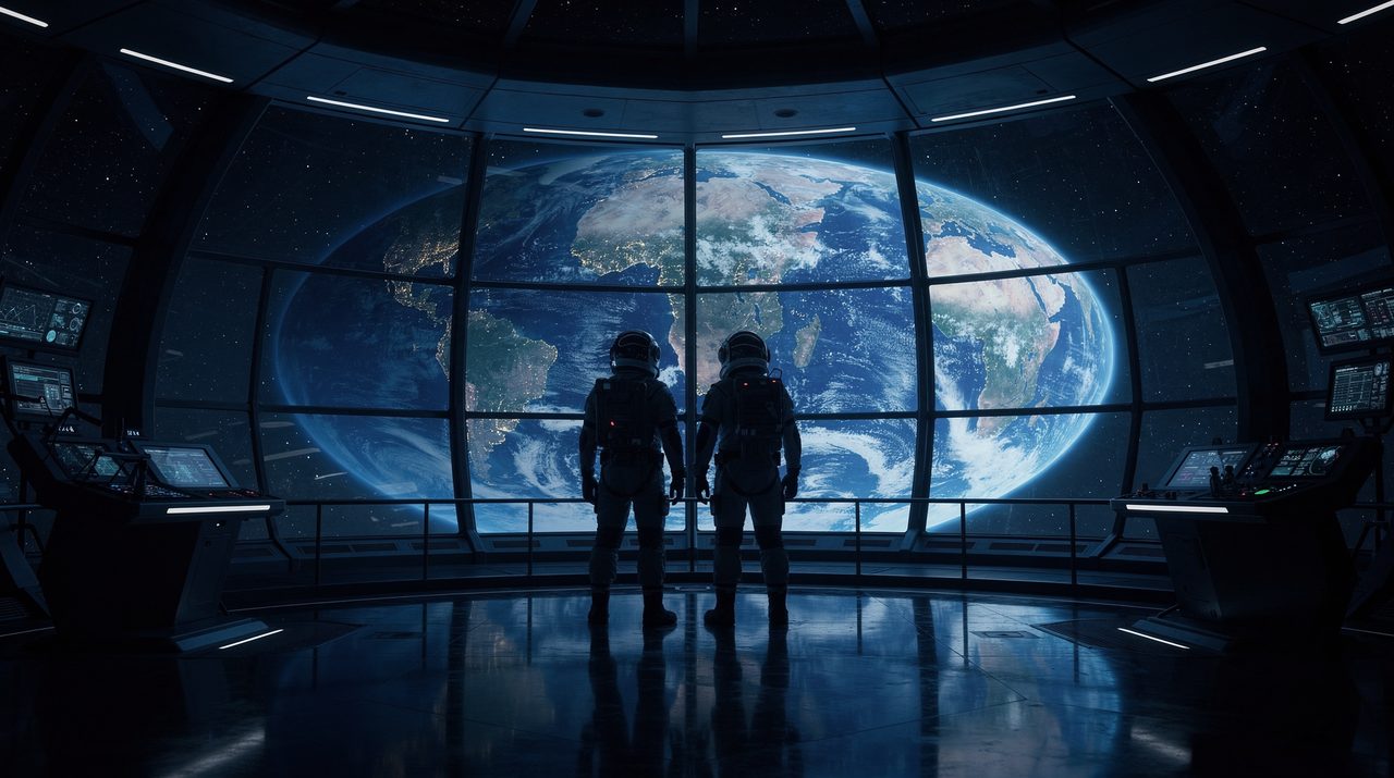 Space station above Earth, two astronauts, cinematic