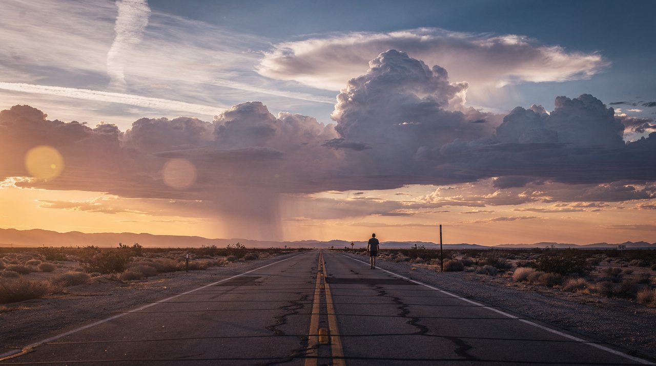 Desert highway at magic hour, vintage pickup, cinematic