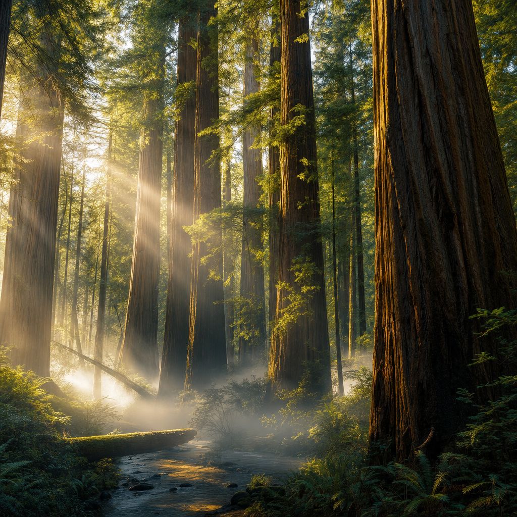 Ancient redwood forest at dawn, golden shafts of light, morning mist, serene