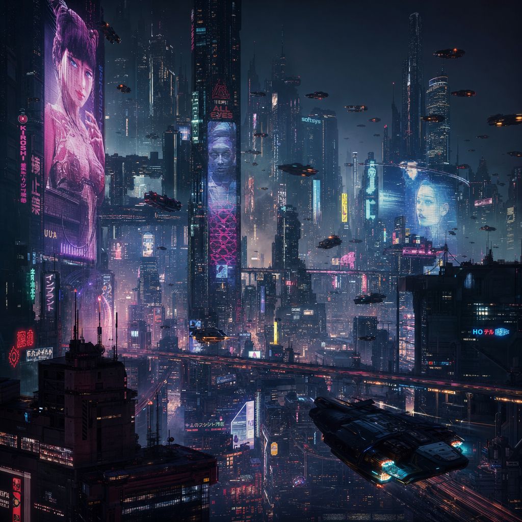 Megacity skyline 2150, flying vehicles, neon holographic advertisements, smog