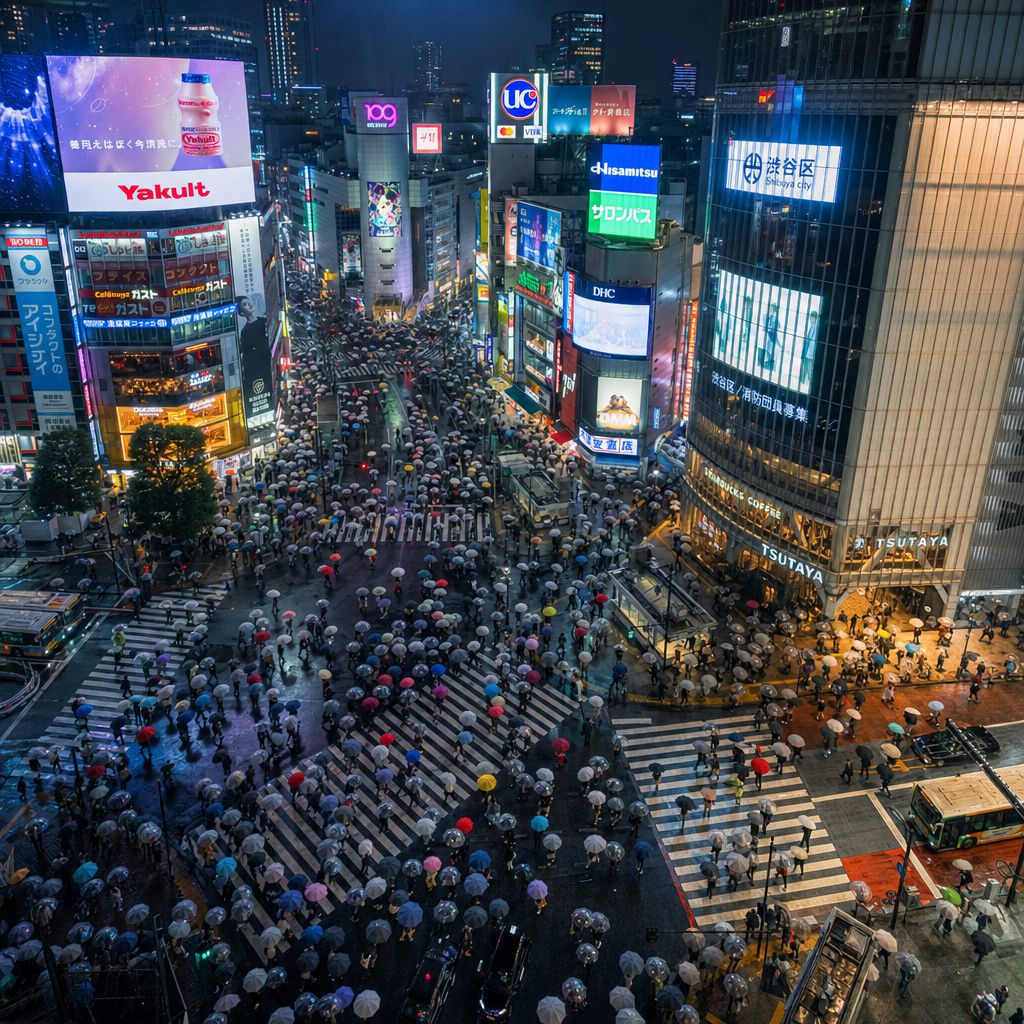 Tokyo Shibuya crossing at night, neon signs, hundreds of umbrellas in rain