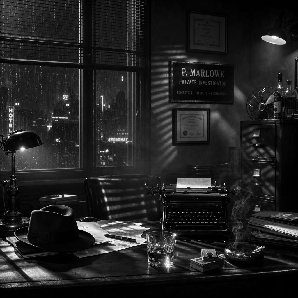 Private eye office 1940s, Venetian blind shadows, rain on window, whiskey glass