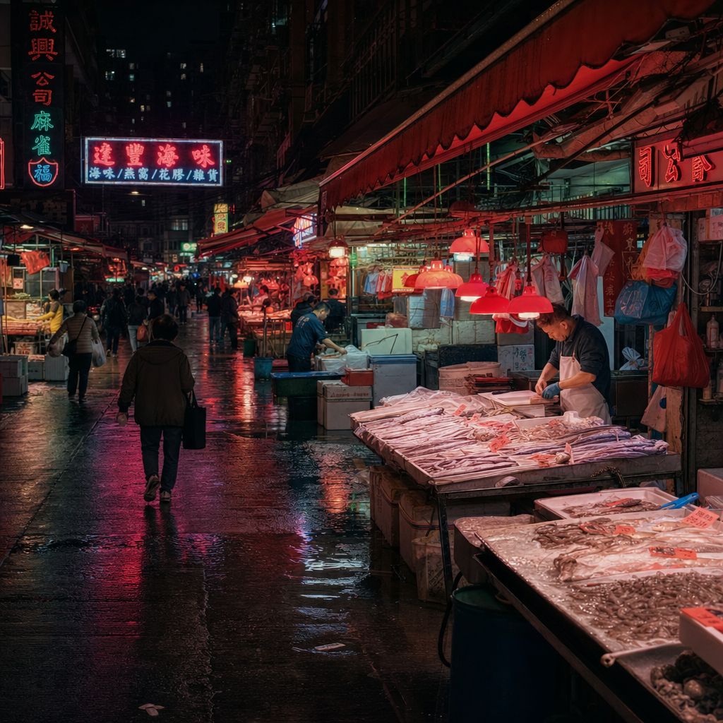Hong Kong wet market, neon lights reflecting in puddles, fish stalls, chaos