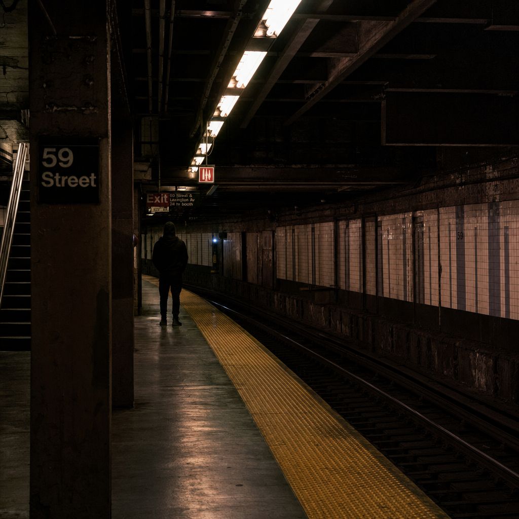 New York subway platform at 3am, single figure, harsh fluorescent light