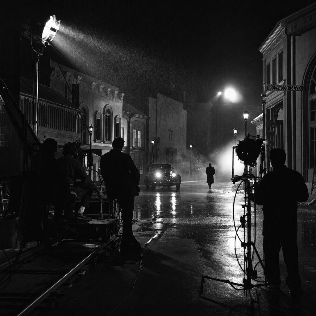 Old Hollywood studio backlot, rain machine, night shoot, film crew silhouettes