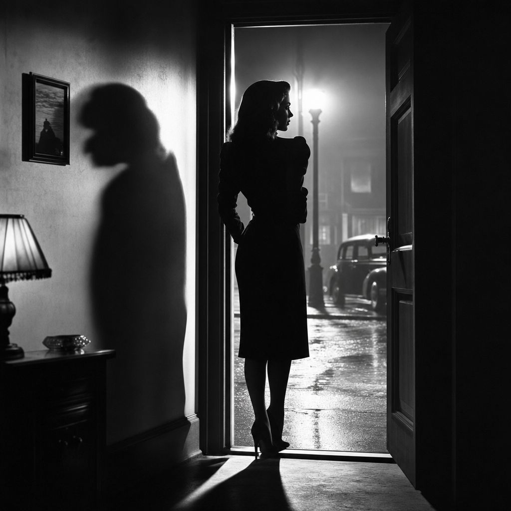 Femme fatale silhouette in doorway, backlit by streetlight, shadows on wall